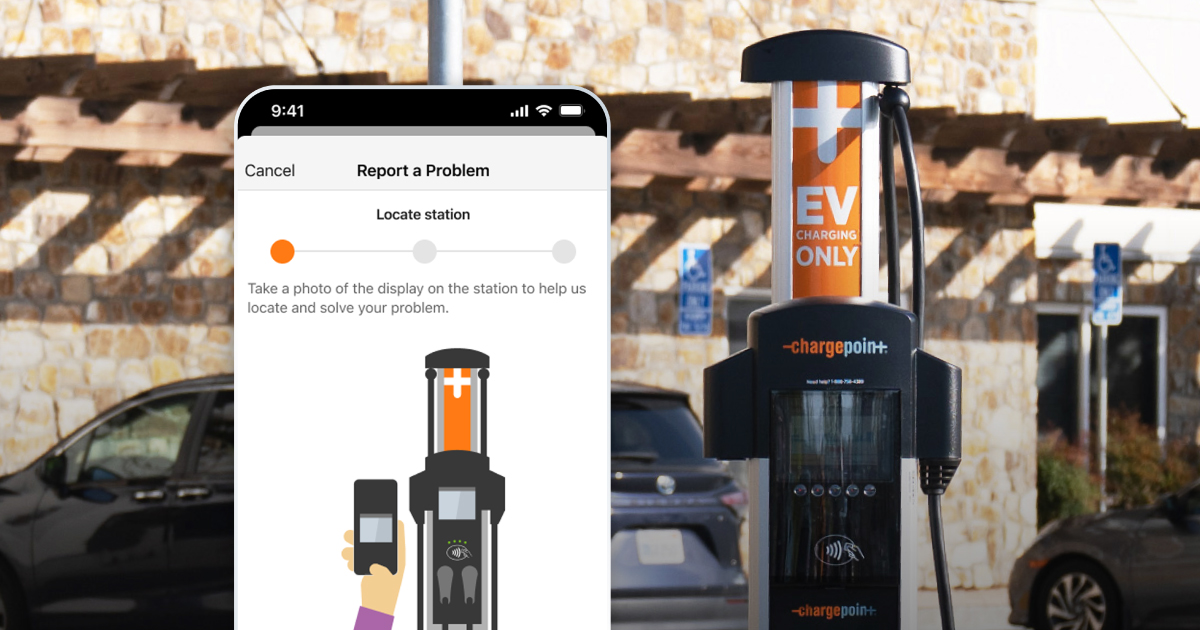 Sollten Fahrer: innen eine nicht funktionierende Ladestation vorfinden, reicht es aus, über die Funktion „Problem melden“ in der ChargePoint-App, Fotos der beschädigten Ladesäule hochzuladen. Quelle: ChargePoint